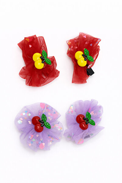 MakeWell Cherry Figured Tulle Bow Hair Clip Set of 2 – Girls' Pink & Yellow R...