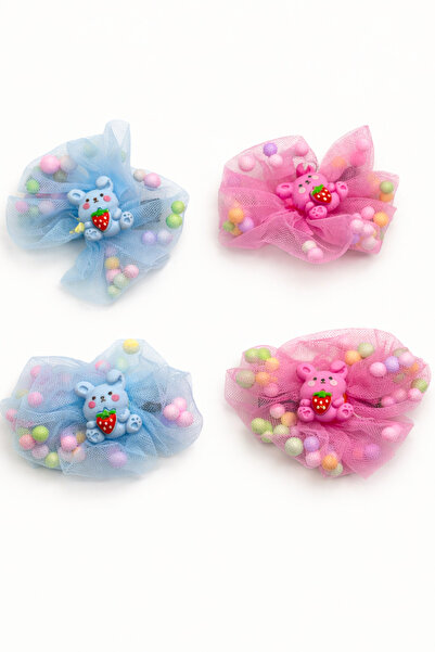 MakeWell Rainbow Teddy Bear Flower Figured Tulle Bow Hair Clip Set of 2 – Gir...