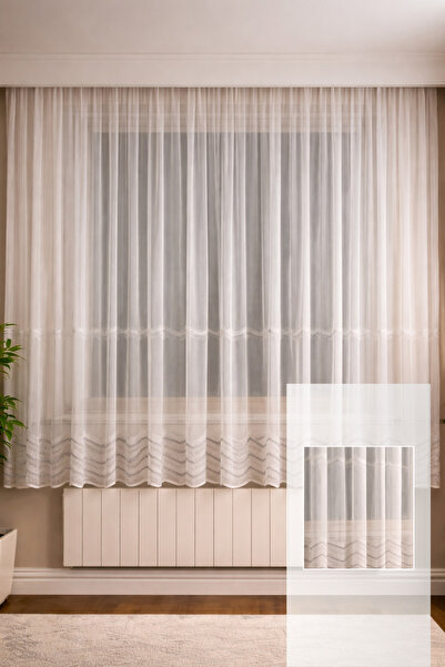 perlife Petek Üstü Tül Perde Kalorifer Üstü Gümüş Brode Ağır Gramajlı 1/2,5 P...