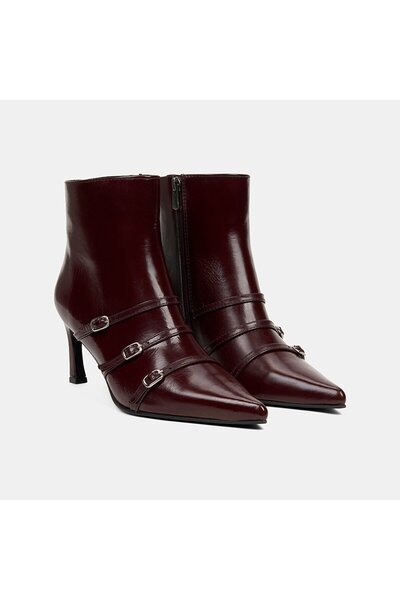 Desa Kadın Bordo Fermuarlı İnce Topuklu Sivri Burunlu Deri Bot