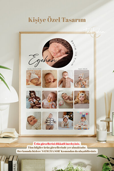 tablodea Kişiye Özel Tasarım Fotoğraf Baskılı 12 Ay Bebek Anı Tablosu TD Çerç...