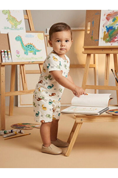 ALYAKİDS Boy's Dinosaur Patterned Shorts Set - Cotton Summer Top and Bottom B...