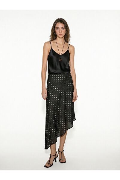 Babushka Black Asymmetrical Cut Polka Dot Pattern Satin Skirt