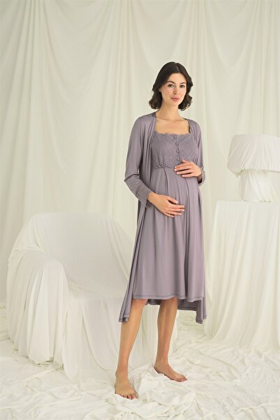 MONAMİSE Women'S, Viscose, Square Collar, Gray, Lace Maternity Nightgown Set