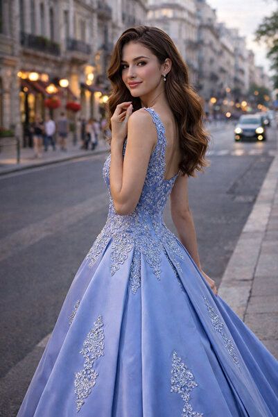 Sibelse Gelinlik Elisa Buz Mavisi Prenses Kesim Abiye