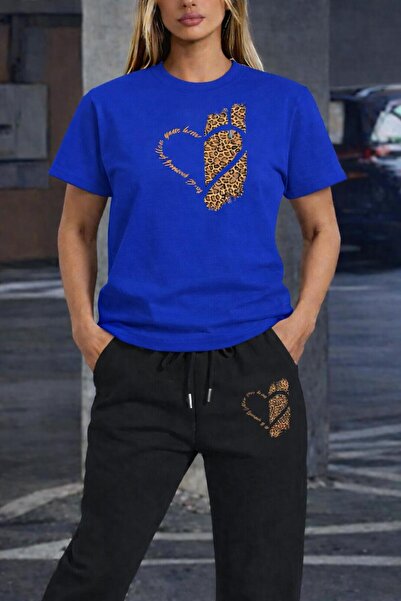 zeag Women's Leopard Heart Printed Tracksuit T-Shirt Set