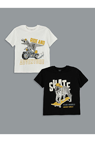 LC Waikiki RMZ GİYİM FARKIYA تي شيرت مطبوع عليه طوق روبا للأولاد، عبوة من قطعتين