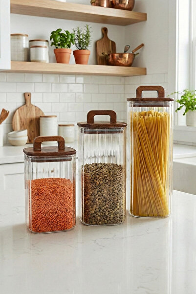 MİEN Borosilikat Çizgili Cam Kavanoz Akasya Kapak Kare Model 1100 Ml - 1500 M...
