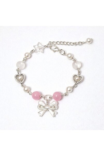 sleyshop Pink Quartz Natural Stone Star Bow Coquette Heart Pearl Bead Bracelet