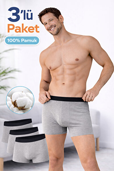 SÜSEN LİNGERİE 3 Pieces 100% Cotton Men's Grey Boxer, Men's Boxer