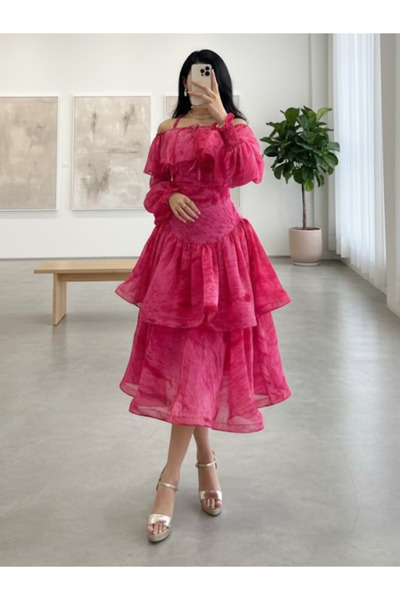 Nice Model Fuchsia Off-Shoulder Midi Dress Voluminous Cloche Gazar Gown for C...