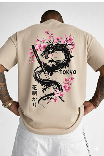 VEK Oversize Japanese Dragon Sakura Printed T-Shirt – Premium 100% Cotton, Un...