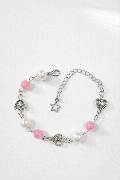sleyshop Star Pink Quartz Coquette Heart Pearl Bead Bracelet