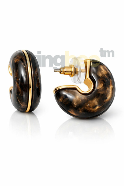 King Bee Kendal Seri̇ Minimalist Oval Earrings Gold Color Stripe Detailed Modern Earrings Coffee, Dark Green, Plum