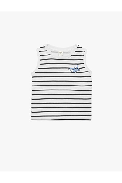 Koton Shark Embroidered Sleeveless Crew Neck Cotton Striped Tank Top