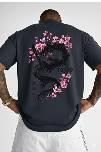 VEK Oversize Japanese Dragon Sakura Printed T-Shirt – Premium 100% Cotton, Un...