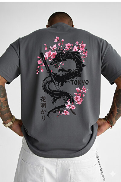 VEK Oversize Japanese Dragon Sakura Printed T-Shirt – Premium 100% Cotton, Un...
