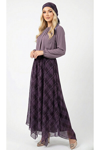 ABAY GİYİM Asymmetrical Cut Comfortable Fit Maxi Plaid Patterned Chiffon Elas...