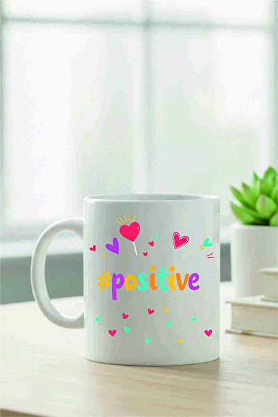 Eshimo Motto Design Motivational Cup - Colorful Hearts and # Positive Printed