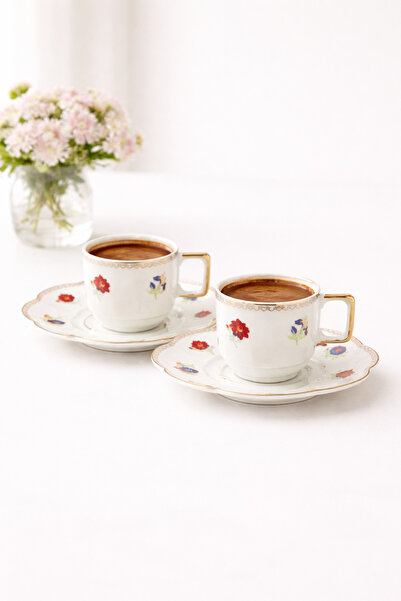 welcomein 2 Kişilik 4 Parça Porselen Kahve Fincan Takımı – Altın Detaylı, Çiç...