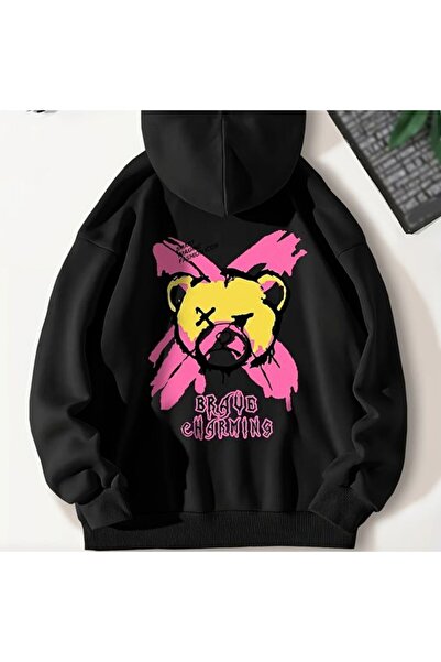 COZYWEAR سويت شيرت أسود كبير الحجم للجنسين مع قلنسوة، مطبوع بجودة عالية، مريح...