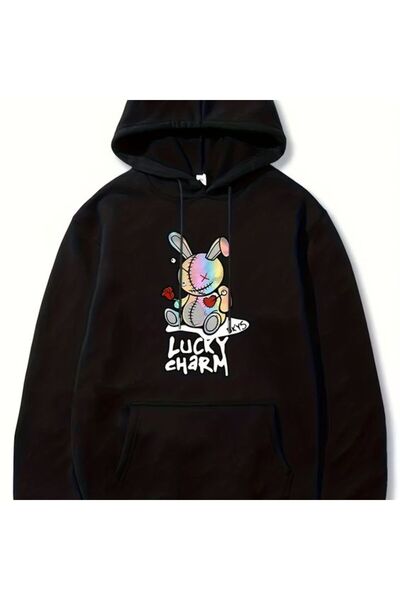 COZYWEAR سويت شيرت أسود كبير الحجم للجنسين مع قلنسوة، مطبوع بجودة عالية، مريح...