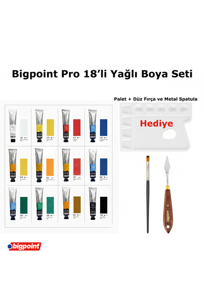 Bigpoint Pro 18 li Yağlı Boya Seti - Palet, Düz Fırça ve Metal Spatula Hediyeli - 18x45 ML