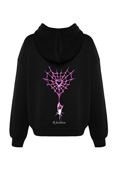 COZYWEAR سويت شيرت أسود كبير الحجم للجنسين مع قلنسوة، مطبوع بجودة عالية، مريح...