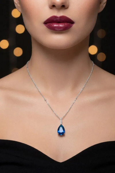 YümanınYumağı Silver Color Row Stone Navy Blue Drop Model Steel Necklace