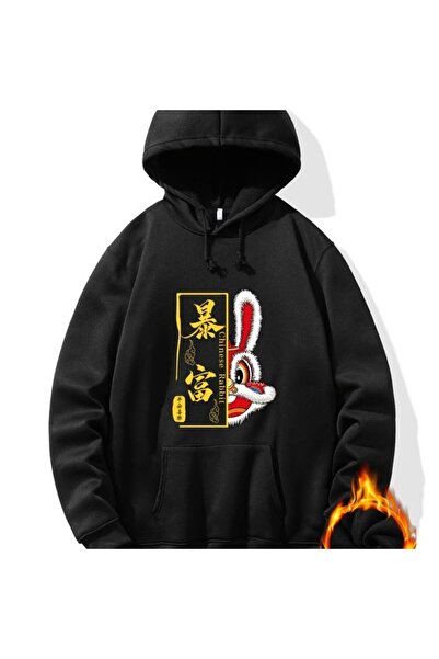 COZYWEAR سويت شيرت أسود كبير الحجم للجنسين مع قلنسوة، مطبوع بجودة عالية، مريح...