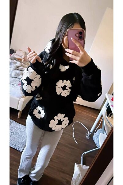 COZYWEAR سويت شيرت أسود كبير الحجم للجنسين مع قلنسوة، مطبوع بجودة عالية، مريح...