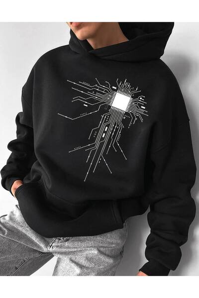 COZYWEAR سويت شيرت أسود كبير الحجم للجنسين مع قلنسوة، مطبوع بجودة عالية، مريح...