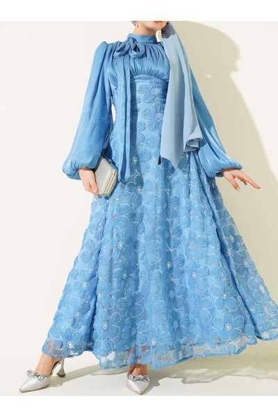 Burcia Balloon Sleeve Sequined Floral Evening Dress