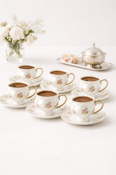 welcomein 6 Kişilik 12 Parça Porselen Kahve Fincan Takımı Altın Yaldız Detayl...