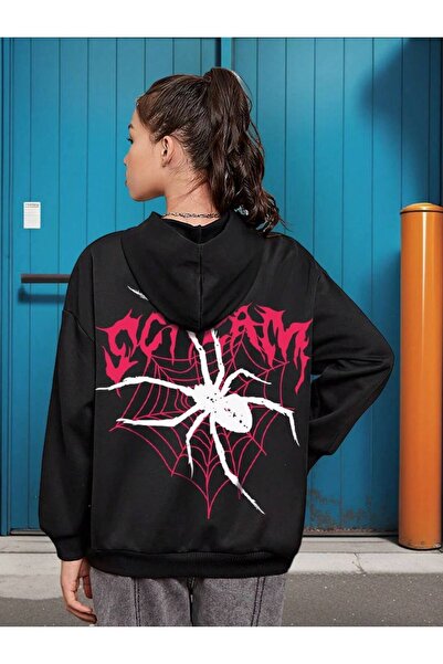 COZYWEAR سويت شيرت أسود كبير الحجم للجنسين مع قلنسوة، مطبوع بجودة عالية، مريح...
