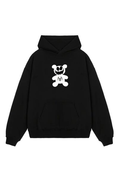 COZYWEAR سويت شيرت أسود كبير الحجم للجنسين مع قلنسوة، مطبوع بجودة عالية، مريح...