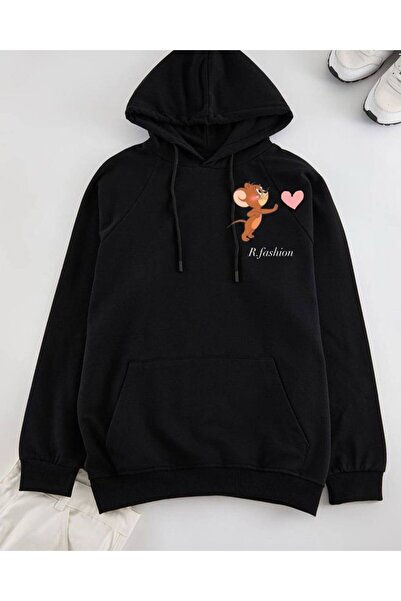 COZYWEAR سويت شيرت أسود كبير الحجم للجنسين مع قلنسوة، مطبوع بجودة عالية، مريح...