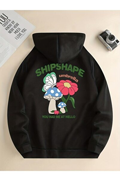 COZYWEAR سويت شيرت أسود كبير الحجم للجنسين مع قلنسوة، مطبوع بجودة عالية، مريح...