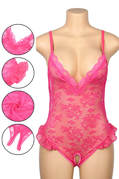 Lingerie and Fashion Style Rose Red Lace Mesh Bodysuit with Front Slit