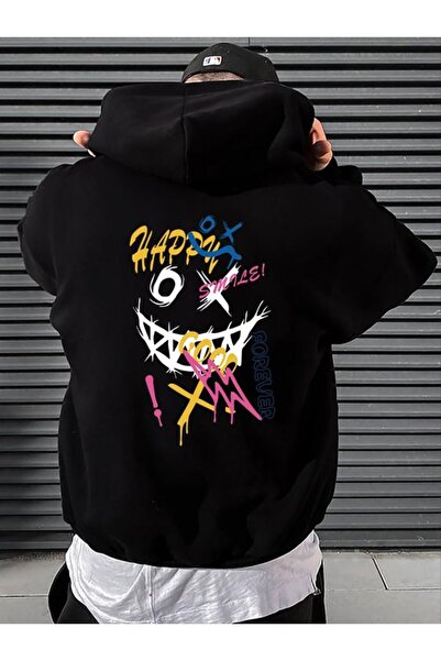 COZYWEAR سويت شيرت أسود كبير الحجم للجنسين مع قلنسوة، مطبوع بجودة عالية، مريح...