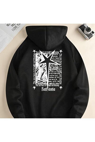COZYWEAR سويت شيرت أسود كبير الحجم للجنسين مع قلنسوة، مطبوع بجودة عالية، مريح...