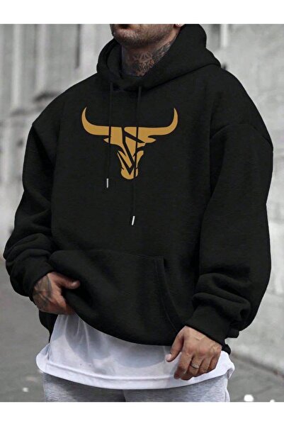 COZYWEAR سويت شيرت أسود كبير الحجم للجنسين مع قلنسوة، مطبوع بجودة عالية، مريح...