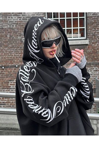 COZYWEAR سويت شيرت أسود كبير الحجم للجنسين مع قلنسوة، مطبوع بجودة عالية، مريح...