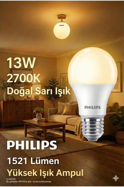 Aryes 13W E27 LED Ampul 2700K Doğal Sarı Işık 1521 Lümen