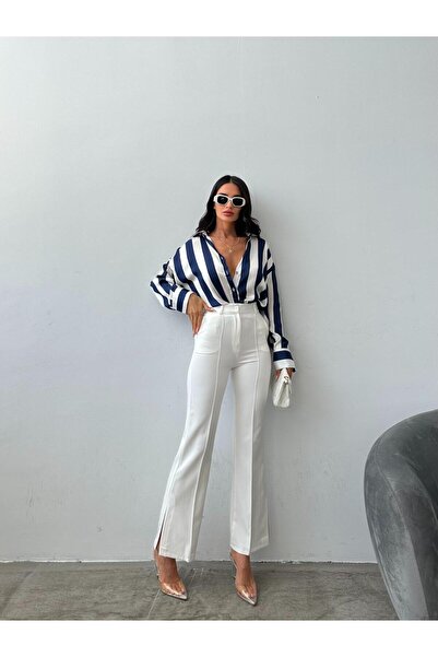 Mottotrend White High-Waisted Pocketed Pants with Seam Detail and Slit Hem – ...