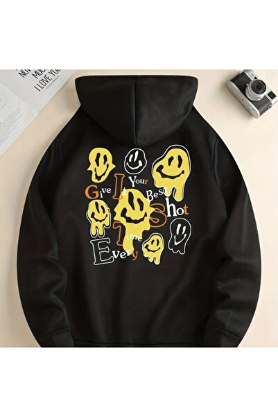 COZYWEAR سويت شيرت أسود كبير الحجم للجنسين مع قلنسوة، مطبوع بجودة عالية، مريح...