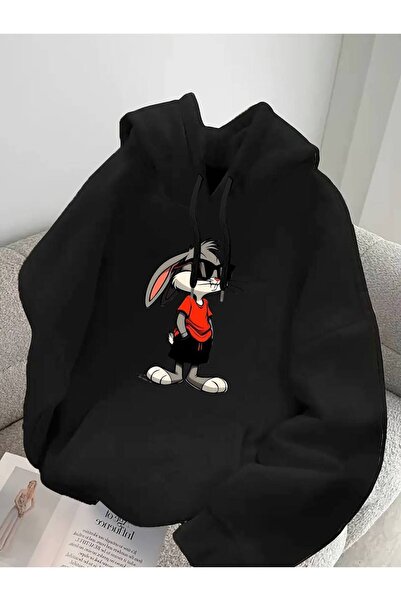 COZYWEAR سويت شيرت أسود كبير الحجم للجنسين مع قلنسوة، مطبوع بجودة عالية، مريح...