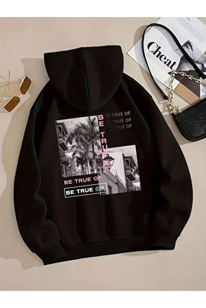 COZYWEAR سويت شيرت أسود كبير الحجم للجنسين مع قلنسوة، مطبوع بجودة عالية، مريح...