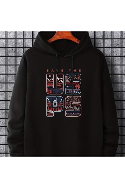 COZYWEAR سويت شيرت أسود كبير الحجم للجنسين مع قلنسوة، مطبوع بجودة عالية، مريح...