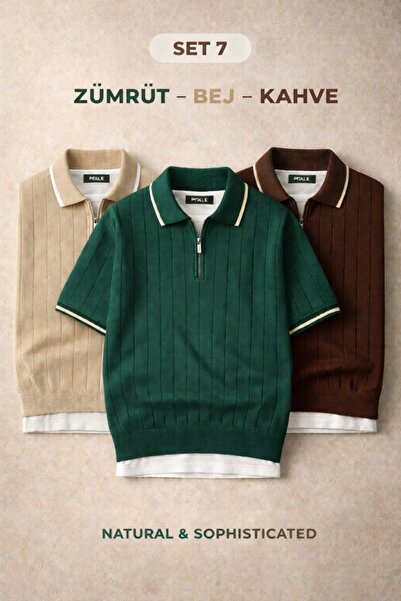 oneoff Men's 3-Pack Polo Collar Knitwear Textured Half-Zip Regular Cotton Col...